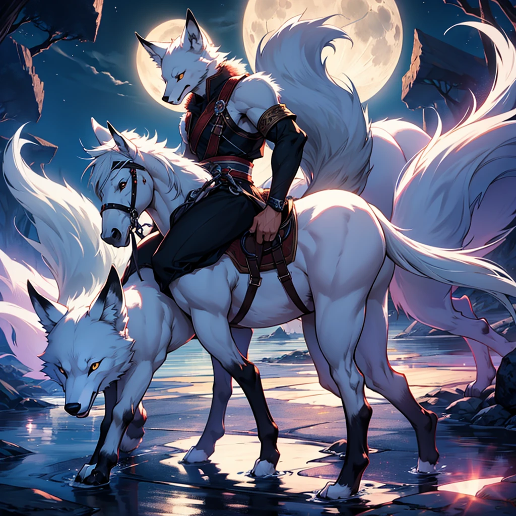 Moonlit night, A white fox with nine tails runs
