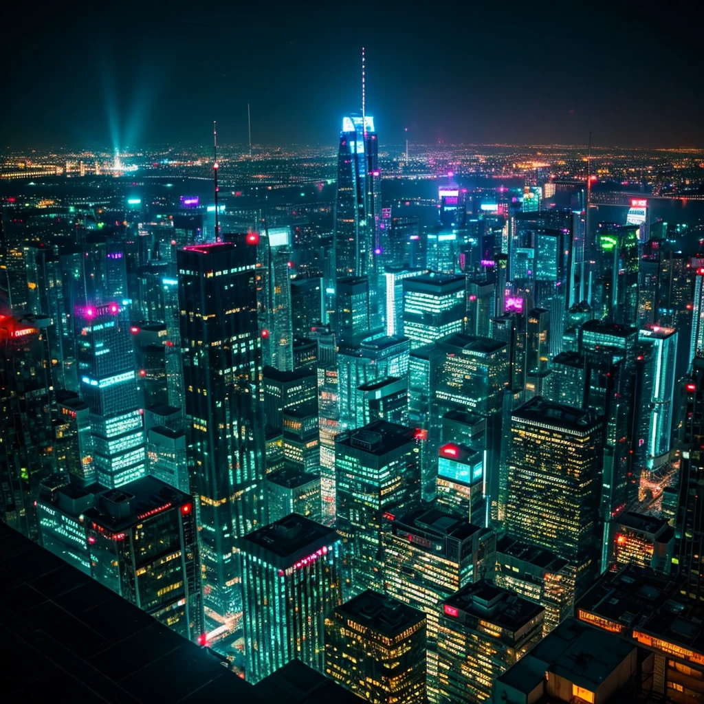 Cyberpunk skyscraper neon city night view looking down from above