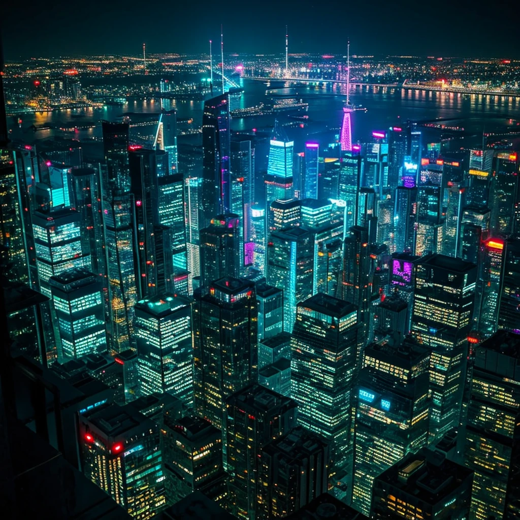 Cyberpunk skyscraper neon city night view looking down from above