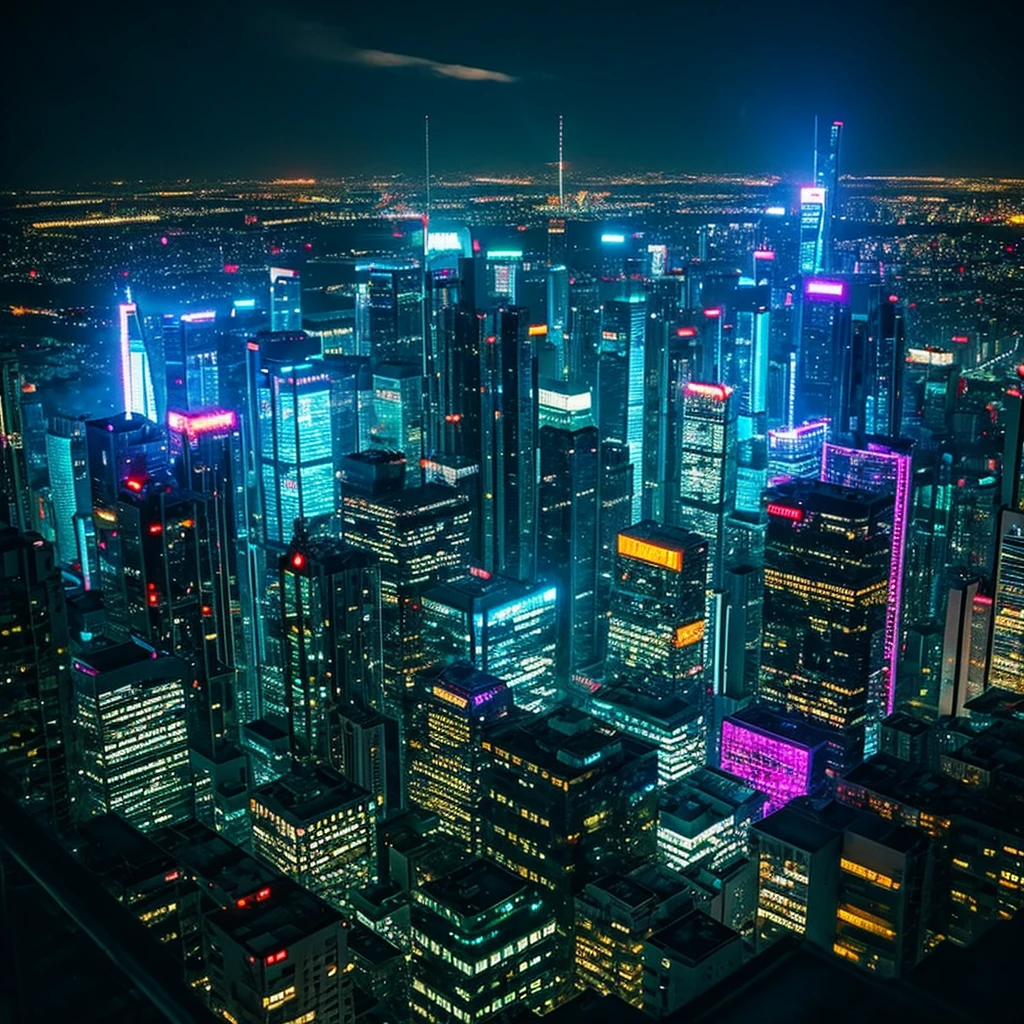 Cyberpunk skyscraper neon city night view looking down from above