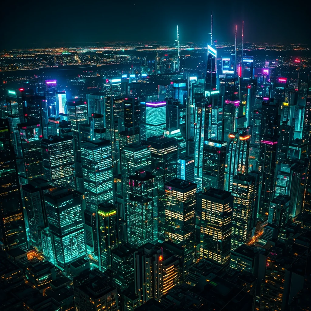 Cyberpunk skyscraper neon city night view looking down from above