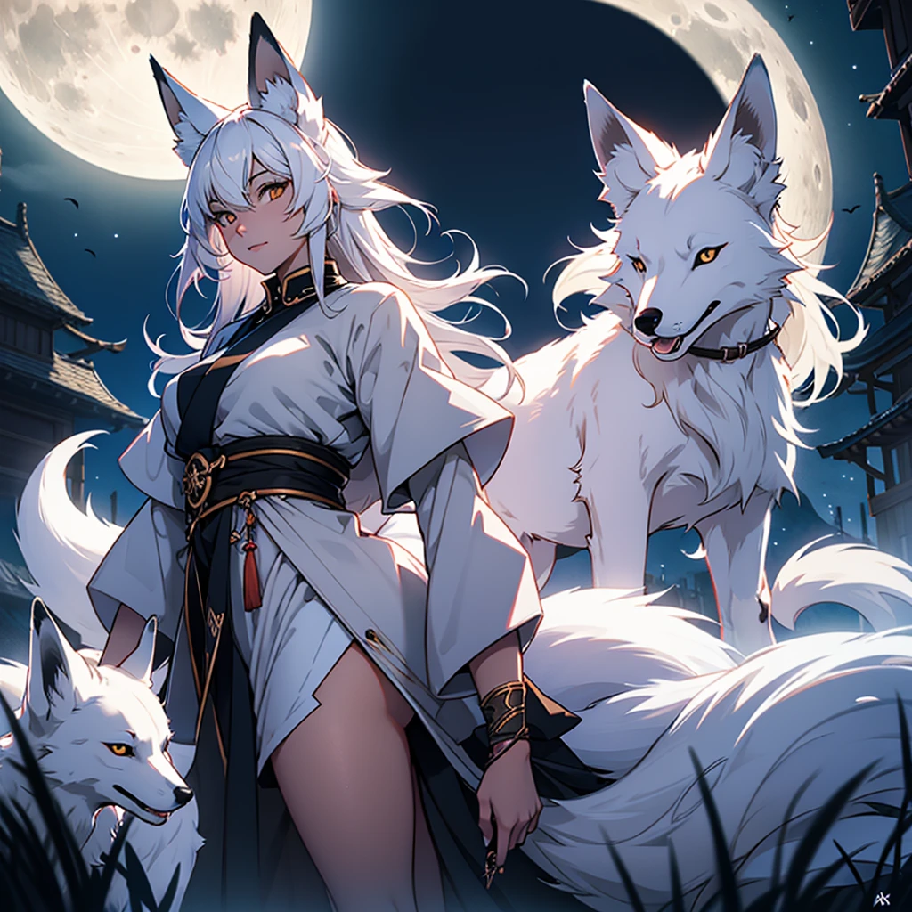 Moonlit night, A white fox with nine tails runs