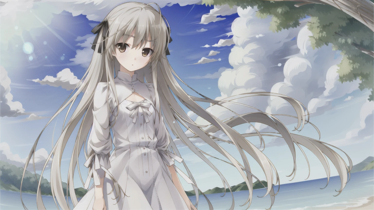 ((masterpiece:1.4, best quality)) ,Kasugano Sora,Cool girl,Brown eyes,Long and straight hair,((masterpiece)),(best quality),Official Art,Extremely detailed CG,Unity 8K wallpaper,Very detailed,Beautiful and delicate eyes,Extremely detailed face,1 girl,solitary,,(whole body:1.5),(small:1.3),,Clear and cloudless,summer,Perfect for summer。Mint Green、Sky blue is an indispensable color in summer,Built-in cooling effect。Tree-shaded path、Cool sea breeze,The air is filled with woody scent,Dazzling sunshine、Sweat。《sunny》MV style,