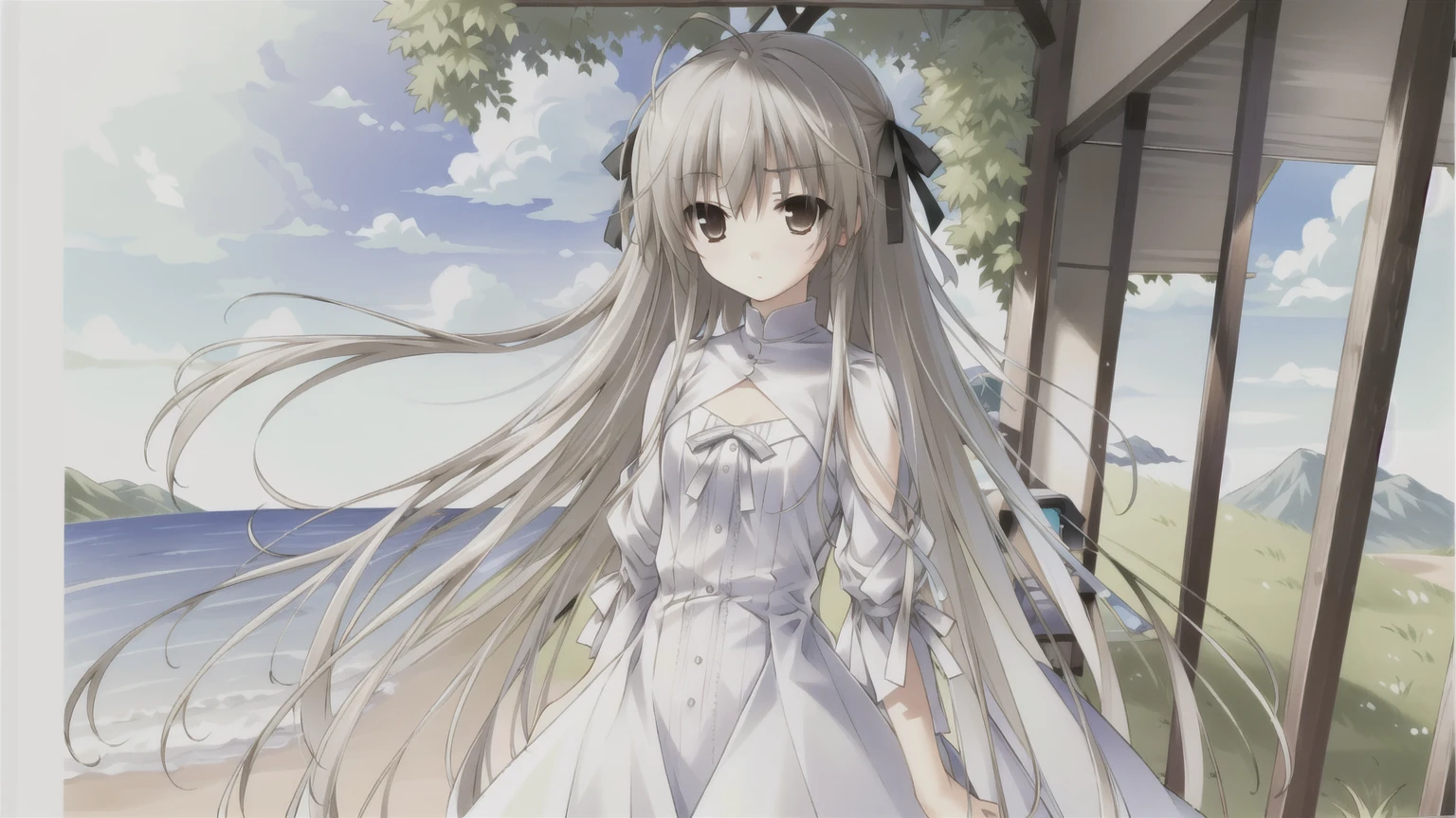 ((masterpiece:1.4, best quality)) ,Kasugano Sora,Cool girl,Brown eyes,Long and straight hair，((masterpiece)),(best quality),Official Art,Extremely detailed CG,Unity 8K wallpaper,Very detailed,Beautiful and delicate eyes,Extremely detailed face,1 girl,solitary,,(whole body:1.5),(small:1.3),，Clear and cloudless，summer，Perfect for summer。Mint Green、Sky blue is an indispensable color in summer，Built-in cooling effect。Tree-shaded path、Cool sea breeze，The air is filled with woody scent，Dazzling sunshine、Sweat。《sunny》MV style，