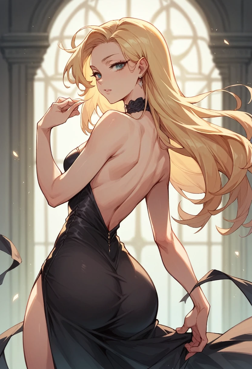 blonde girl in a sexy elegant black dress, medium chest, big butt