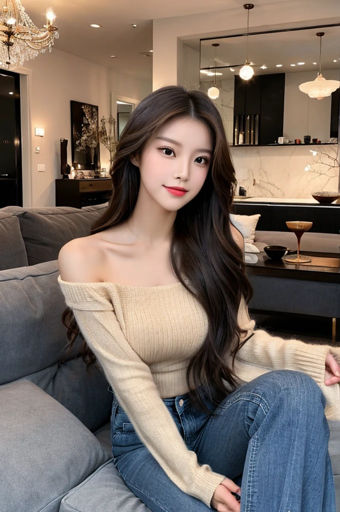 Generate an image of a stunning 20-year-old Asian woman with beauty akin to a goddess of the fire element. She has big brown eyes, dark brown hair, glowing skin, and an attractive appearance. She is wearing a beautiful top paired with blue skinny jeans. The woman is sitting sweetly on a living room sofa, her posture relaxed and inviting, surrounded by cozy and elegant decor.