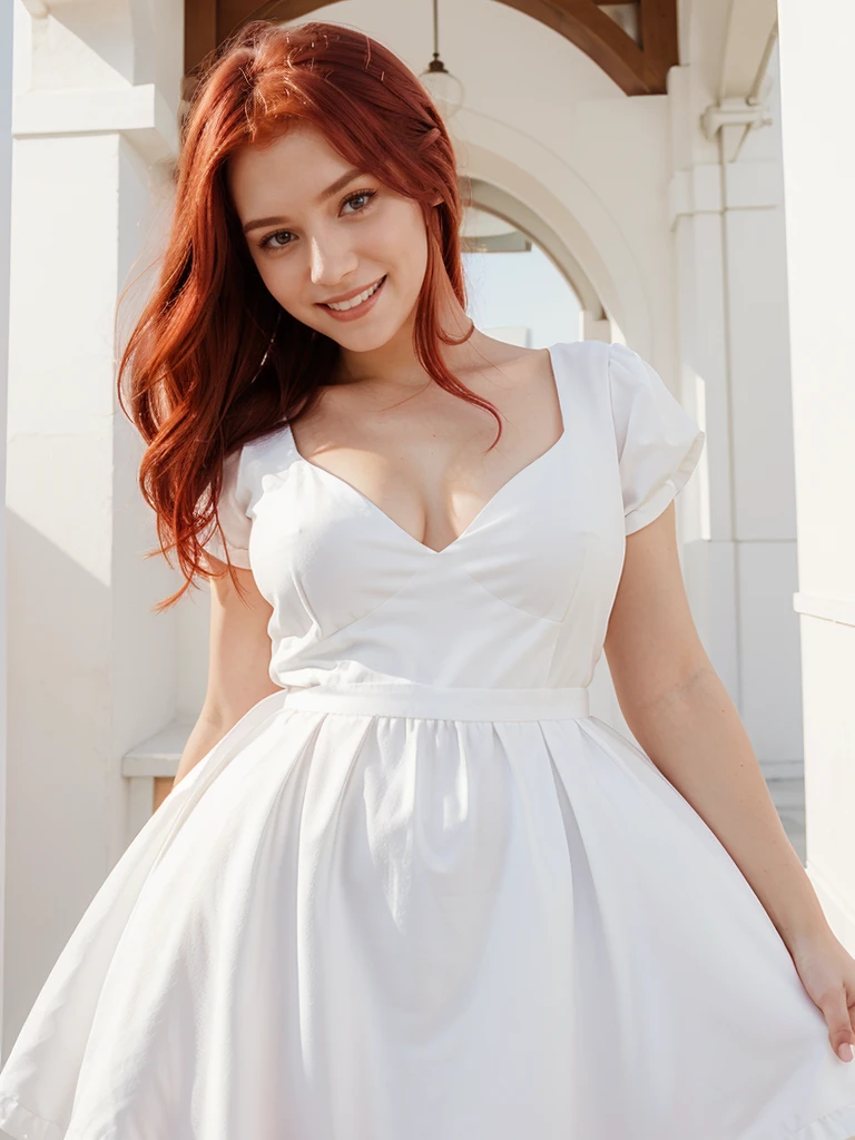 beautiful girl, cherry red hair, fair skin, smiling, white dressed, dressed like princess, fullbody