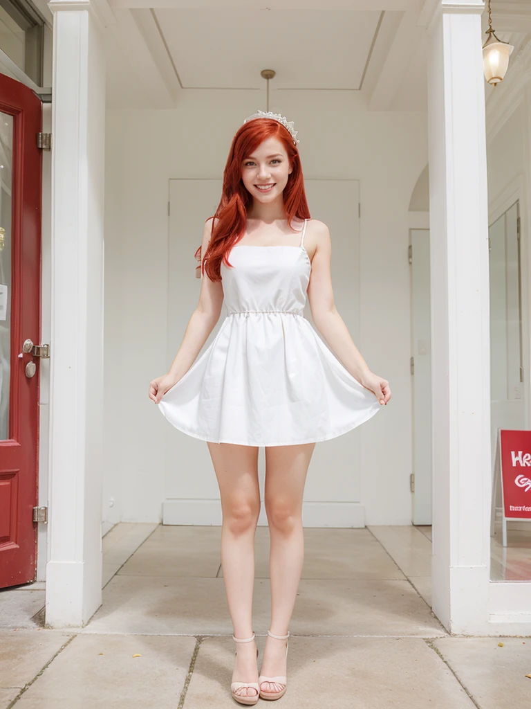 beautiful girl, cherry red hair, fair skin, smiling, white dressed, dressed like princess, fullbody