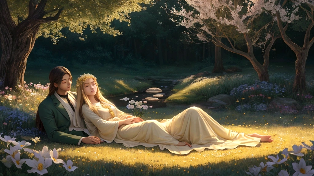 "A tranquil meadow bathed in soft, golden light, where the souls of the righteous rest. They are depicted as luminous, ethereal figures, lying or sitting peacefully among vibrant flowers and gentle streams. The sky above is clear, with a soft glow emanating from the heavens. This scene conveys a sense of serene rest and divine peace, symbolizing the blessed state of the righteous after death."