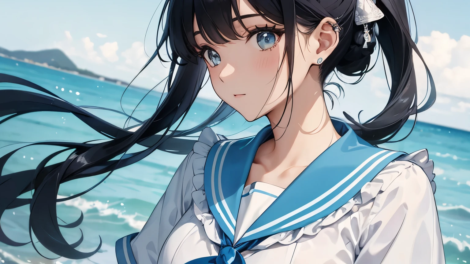 A beautiful woman wearing a light blue sailor suit with lots of frills and lace Long sleeve Black hair ponytail with hair ornament Upper Body