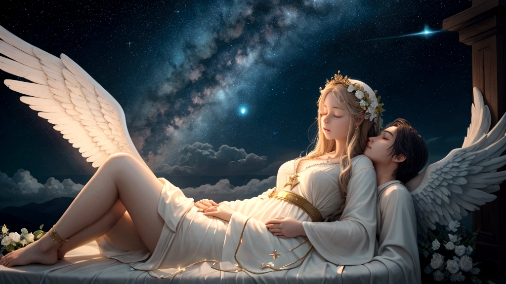 "A celestial resting place where the souls of the righteous are shown reclining on clouds, surrounded by a radiant, heavenly light. Angels with gentle expressions and glowing wings hover nearby, watching over them. The atmosphere is one of deep peace and comfort, with the backdrop of a beautiful, starry sky and the soft sounds of heavenly music. This visual highlights the divine care and eternal rest promised to those who die in the Lord."