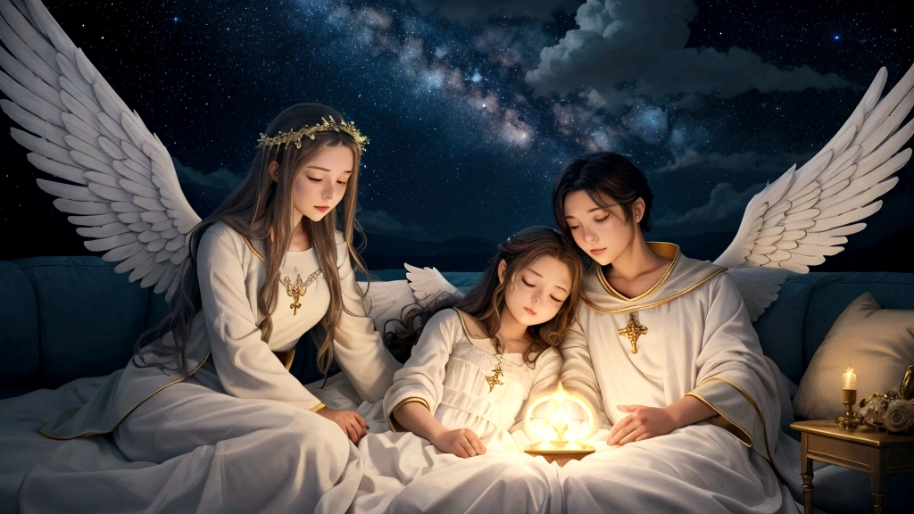 "A celestial resting place where the souls of the righteous are shown reclining on clouds, surrounded by a radiant, heavenly light. Angels with gentle expressions and glowing wings hover nearby, watching over them. The atmosphere is one of deep peace and comfort, with the backdrop of a beautiful, starry sky and the soft sounds of heavenly music. This visual highlights the divine care and eternal rest promised to those who die in the Lord."