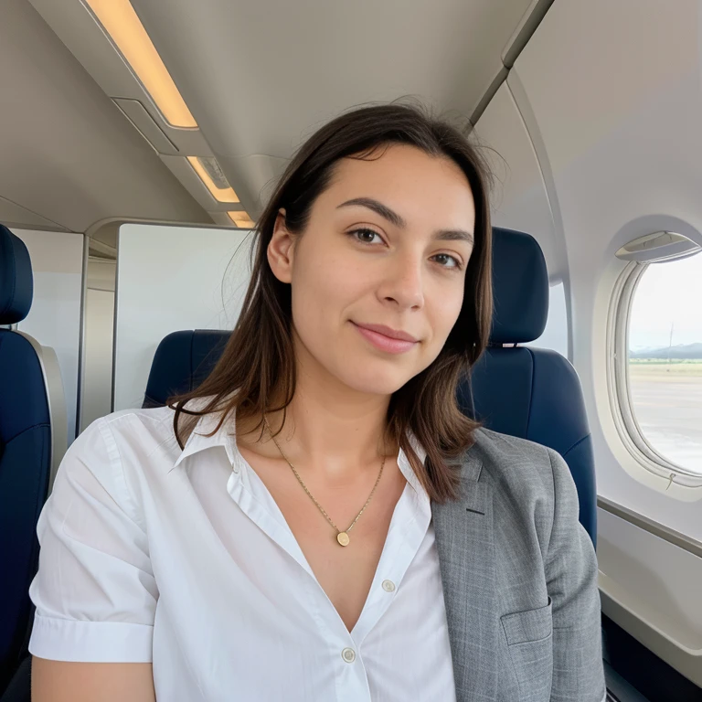  heureux , corp visible, dans l'avion first classe, à l'aéroport (Réaliste), Portrait d&#39;un citoyen européen de 25 ans,magnifique brunette standing, Tout le corps, tenue sweat blanc sexy, rouge à lèvres rouge , yeux verts, photographie sexy professionnelle d&#39;une superbe femme détaillée, mise au point nette,, dramatique, primé, cinématique d&#39;éclairage, je fais de l&#39;octane, Moteur Unreal, volumétrie dtx, (grain du film, bokeh, premier plan flou, arrière-plan estompé), très bien habillé, Sourire subtil, gros seins, Grosse fesses , montrer en arrière