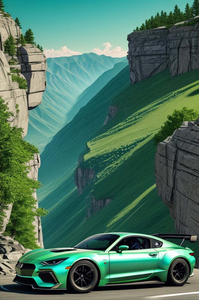 generate a cyberpunk car.Realistic photo in high quality.A sports racing car rushes at high speed along the slope of a high mountain.At the very edge of the cliff.The car must be metallic light green color.Draw a soaring eagle in the sky.Highly detailed drawing.The priority should be the car and the soaring eagle