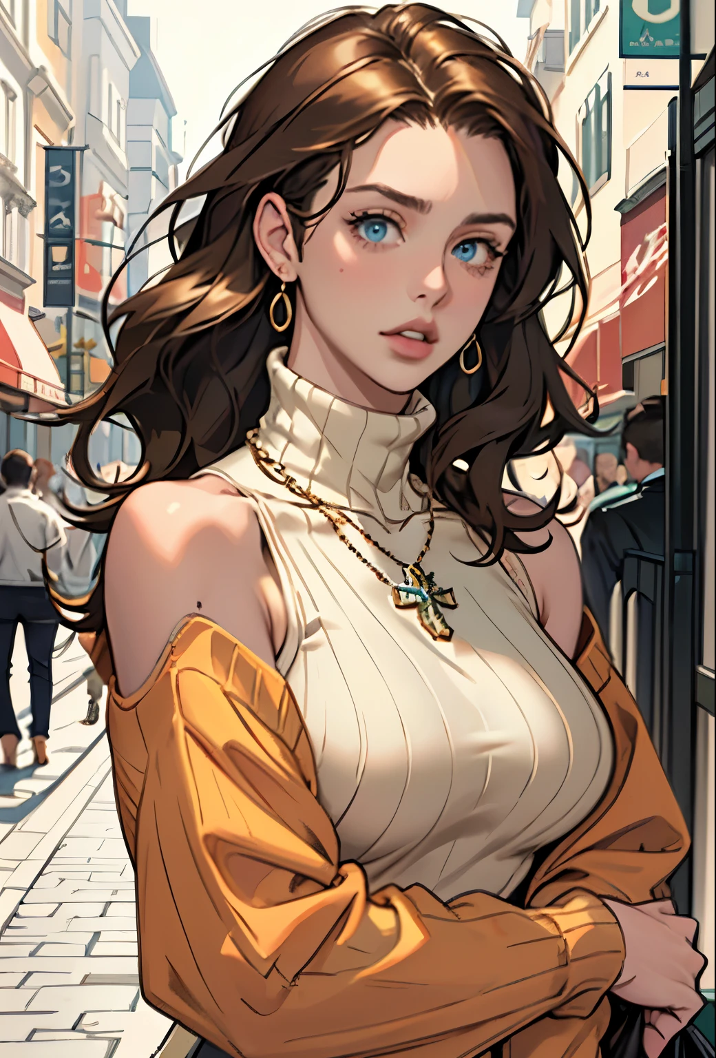 (masterpiece, Highest quality) One girl, Ashley Graham RE, alone, chest, View your viewers, Long Hair, blue eyes, shirt, Bare shoulders, jewelry, medium chest, Green Eyes, Upper Body,Brown Hair, parted lips, No sleeve, necklace, sweater, lips, turtleneck, ribbed sweater, Realistic, nose, No sleeve turtleneck, orange shirt, orange sweater,Remove your glasses,