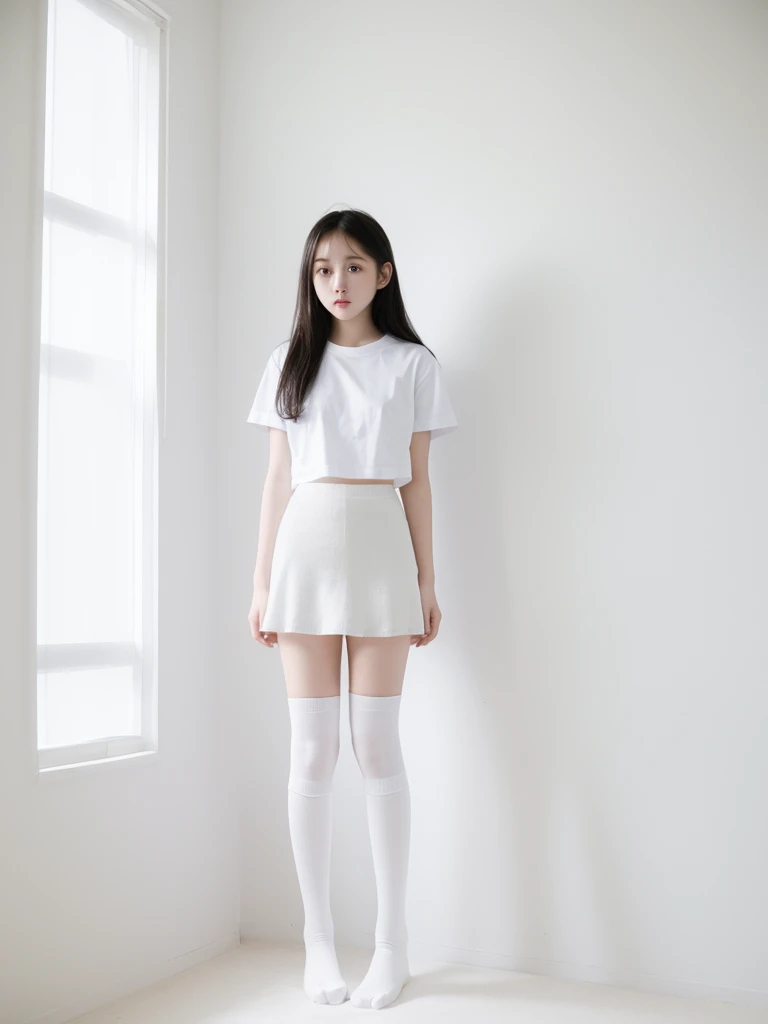 A woman wearing white knee-high socks、White T-shirt、White mini skirt、Japanese、Standing posture、The whole body is in it、Highest quality、Looking this way、15 years old
