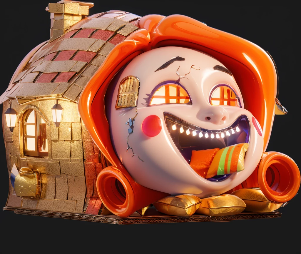 3d style, simplified design, 3d render, glossy texture, smooth 3d model, multiple light sources, rim light, sharp post effects render, (glossy plastic texture with multiple big light probe refractions), perfect cgi, smooth silhouette, high intensity refraction, (super glossy material), most beautiful vfx , blue background, plastic refractions, realistic, 4k, high resolution, rim light, photo shoot, commercial photo, profile shot, 4k, rim light, high resolution, 4k, glossy texture, smooth 3d model, multiple light sources, rim light, sharp post effects render, (glossy metallic texture with multiple big light probe refractions), perfect cgi, cgi art created only with gradients, smooth silhouette, high intensity refraction, (super glossy chrome material), most beautiful vfx, blue background, chrome metal refractions, multiple light sources, rim light, sharp post effects render, perfect cgi, digital art, detailed digital art, reflective, best quality, 4k, masterpiece:1.2, ultra-detailed, realistic, vivid colors, dark and moody lighting, The image of the highest quality, ensuring every detail is showcased perfectly. It in 4k resolution, allowing viewers to immerse themselves in the richness of the colors and intricate details. The realistic rendering. under the spotlight, reflecting, high-resolution image, realistic rendering, dark background, and rim light photorealistic The image features three characters standing in front of three houses. The characters are a red-haired mermaid, a purple cat, and an orange dog. They are each holding a yellow maraca