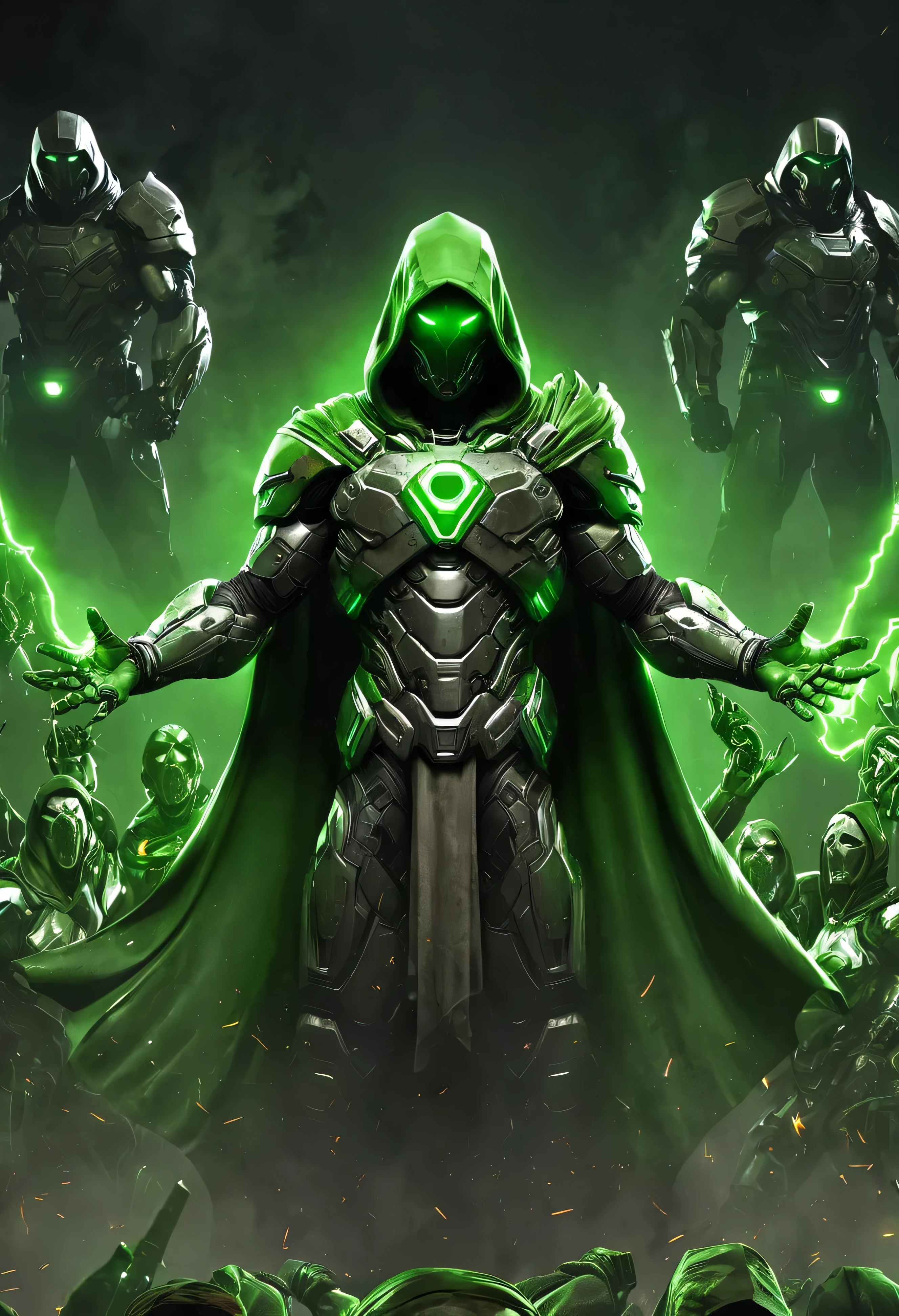 (artwork, best quality: 4K) infamous Doom, gray, lights, green, cape, green, hooded, (fanart design), raised hands, x-shape.