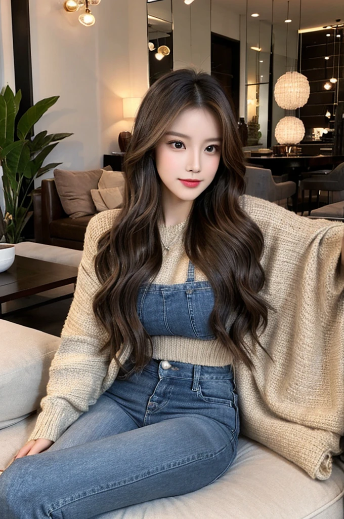 Generate an image of a stunning 20-year-old Asian woman with beauty akin to a goddess of the fire element. She has big brown eyes, dark brown hair, glowing skin, and an attractive appearance. She is wearing a beautiful top paired with blue skinny jeans. The woman is sitting sweetly on a living room sofa, her posture relaxed and inviting, surrounded by cozy and elegant decor.