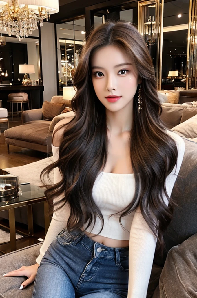 Generate an image of a stunning 20-year-old Asian woman with beauty akin to a goddess of the fire element. She has big brown eyes, dark brown hair, glowing skin, and an attractive appearance. She is wearing a beautiful top paired with blue skinny jeans. The woman is sitting sweetly on a living room sofa, her posture relaxed and inviting, surrounded by cozy and elegant decor.