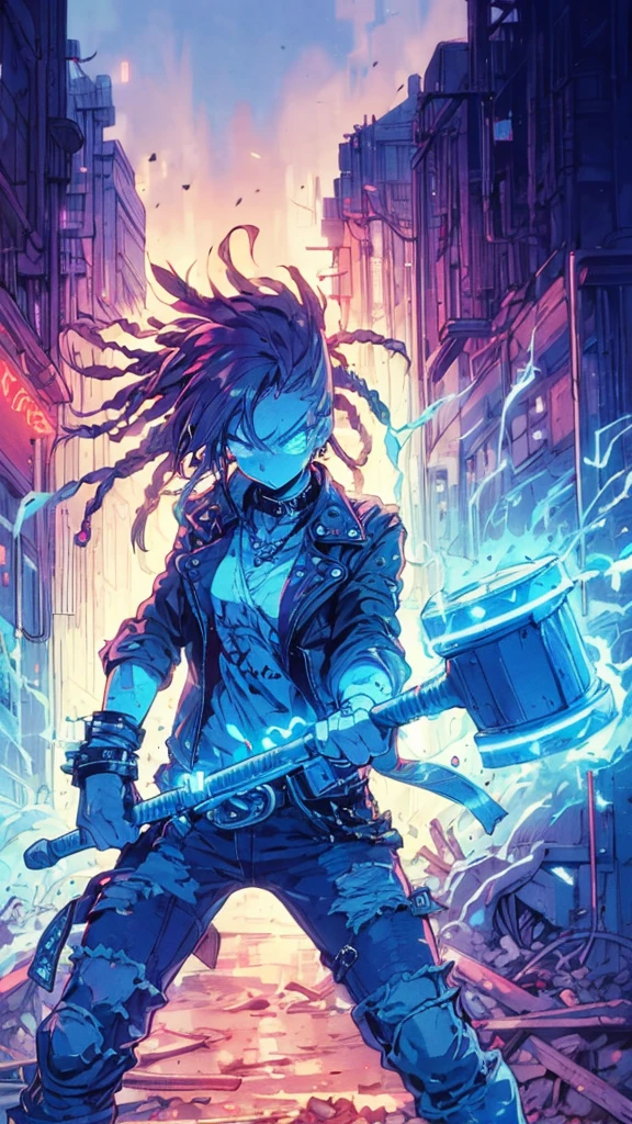 teenager girl with dreadlocks and a determined expression, dressed in a punk rock outfit with ripped jeans and a leather jacket, stands in a neon-lit alleyway. They clutch a massive warhammer in both hands, sparks flying as they unleash a crackling current of electric blue energy from their fingertips