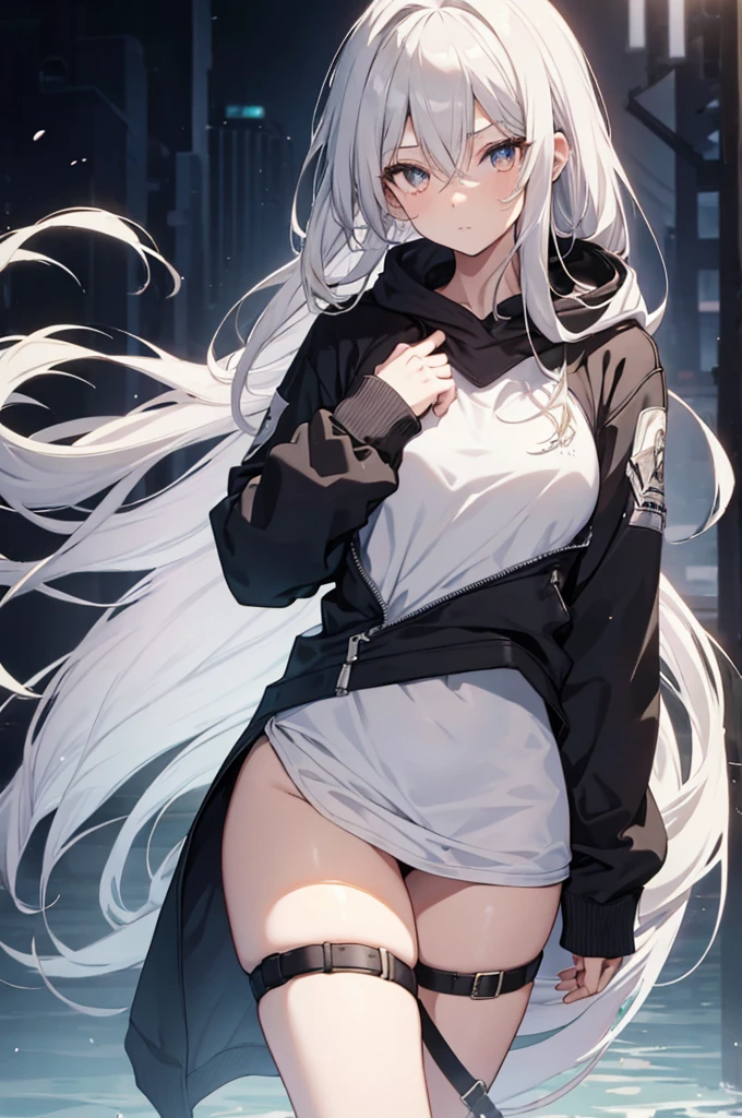 1girl, {Solitary}, Upper Body ,{{ {Watching at viewer}}}, Arms at your sides, Concept Art, white Background, simple Background, White hair, Silver gradient hair , Composite cloth, Asymmetrical clothes, Virtual YouTuber, best quality, masterpiece, Dynamic Angle, guilty gear, guilty gear, guilty gear, cowboy_shooting, Watching_Back, grab, girl,Miss,woman, young,20 years old, Very long hair, Hair Flip, Silver Hair, Flowing hair, Ahog, giggle, Beautiful and delicate golden eyes, teeth, Large Breasts, Blonde eyes, White skin, hoodie, Black_shorts, Gray clothes, transparent_Background, Backlighting, absurd, high resolution, Extremely detailed,sweater,No pants