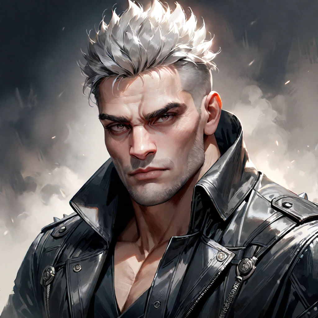 1boy, solo, male focus, realistic, upper body, jacket, closed mouth, coat, black jacket, looking at viewer, black coat, manly, spiked hair, grey hair, ((medium quality)), ((medium quality))