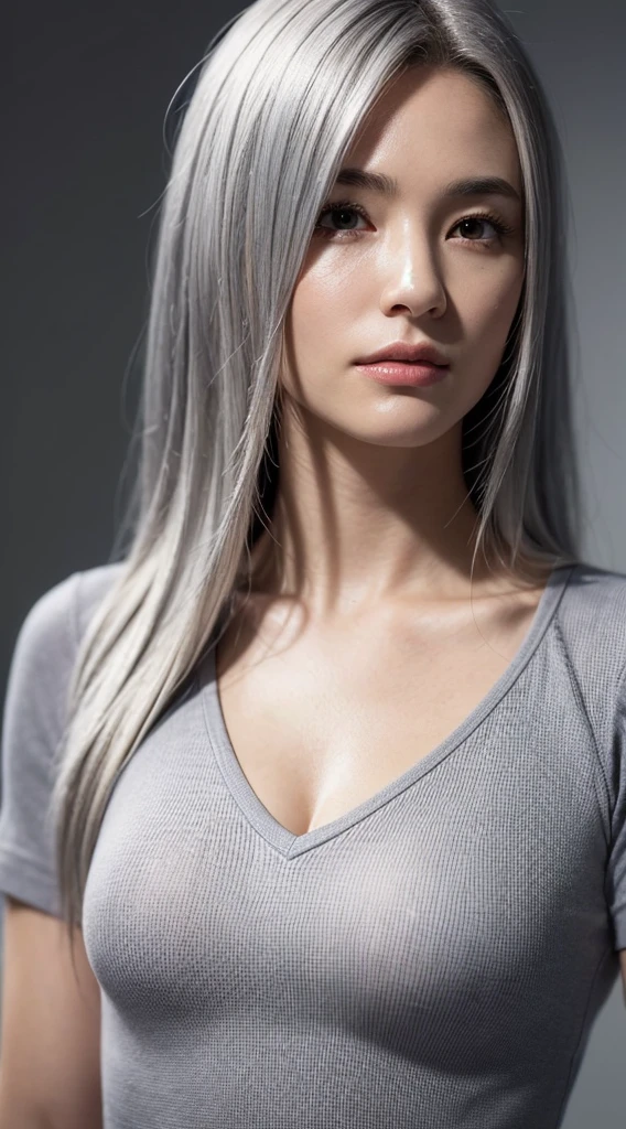 (photo realistic:1.4), (hyper realistic:1.4), (realistic:1.3), (smoother lighting:1.05), (increase cinematic lighting quality:0.9), 32K, 1girl, 19 year old girl, 172 cm tall, chest size 34D, ((long silver hair )), realistic lighting, backlighting, light on face, ray trace, (brightening light:1.2), (Increase quality:1.4), (best quality real texture skin:1.4), finely detailed eyes, finely detailed face, finely quality (gray eyes), (tired and sleepy and satisfied:1.0), face closeup, t-shirts, (Increase body line mood:1.1), (Increase skin texture beauty:1.1)