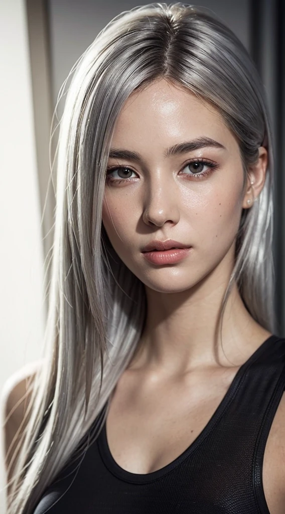 (photo realistic:1.4), (hyper realistic:1.4), (realistic:1.3), (smoother lighting:1.05), (increase cinematic lighting quality:0.9), 32K, 1girl, 19 year old girl, 172 cm tall, chest size 34D, ((long silver hair )), realistic lighting, backlighting, light on face, ray trace, (brightening light:1.2), (Increase quality:1.4), (best quality real texture skin:1.4), finely detailed eyes, finely detailed face, finely quality (gray eyes), (tired and sleepy and satisfied:1.0), face closeup, t-shirts, (Increase body line mood:1.1), (Increase skin texture beauty:1.1)