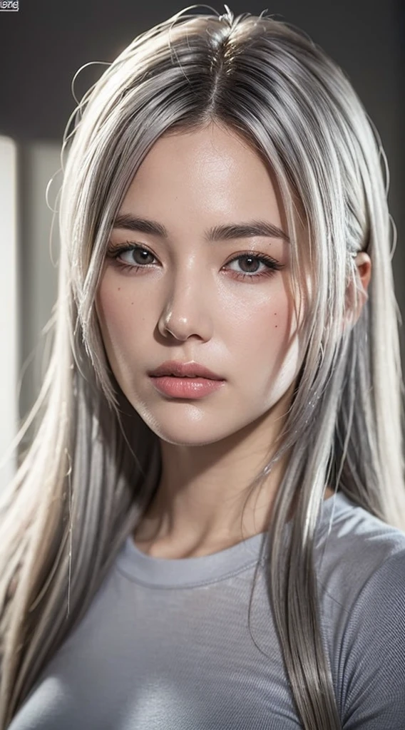 (photo realistic:1.4), (hyper realistic:1.4), (realistic:1.3), (smoother lighting:1.05), (increase cinematic lighting quality:0.9), 32K, 1girl, 19 year old girl, 172 cm tall, chest size 34D, ((long silver hair )), realistic lighting, backlighting, light on face, ray trace, (brightening light:1.2), (Increase quality:1.4), (best quality real texture skin:1.4), finely detailed eyes, finely detailed face, finely quality (gray eyes), (tired and sleepy and satisfied:1.0), face closeup, t-shirts, (Increase body line mood:1.1), (Increase skin texture beauty:1.1)