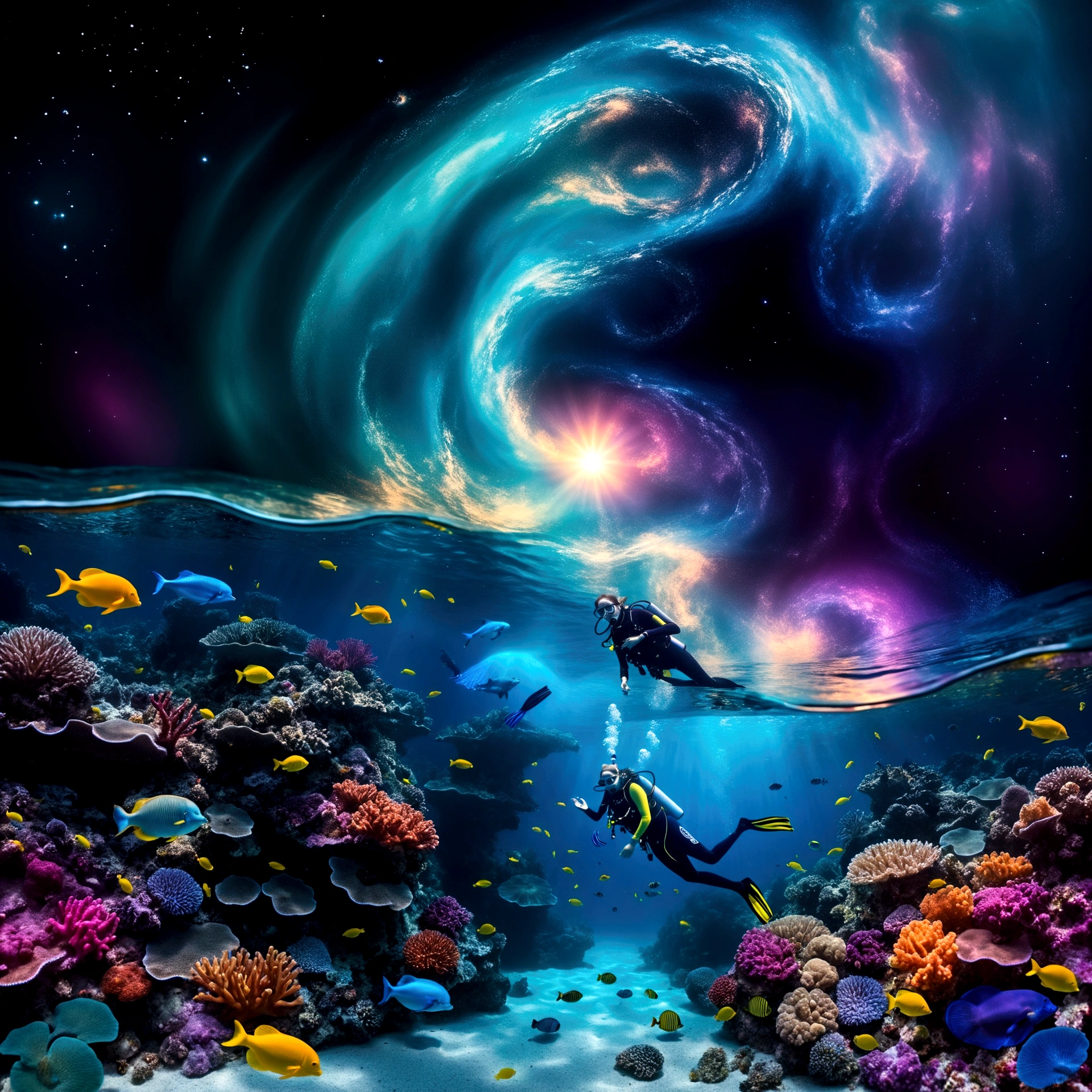 A huge luminescent barrier reef with glowing fishes and jellyfishes. floating bioluminescent orbs that drift lazily through the water, casting a soft glow.(( A woman goes scuba diving , wearing a detailed whimsical outfit . The bodice has fish scale patterns in layers)). Add subtle, translucent silhouettes of mythical sea creatures in the background, barely visible but adding to the mystical feel. A dolphin jumping out of a wave, illuminated by moonlight filtering through the water. A sky dominated by a massive cosmic eye, surrounded by swirling galactic patterns and luminous stars. Spiraling waves that seamlessly blend into the cosmic sky. a gentle, otherworldly melody that seems to resonate from the cosmic eye, creating an auditory illusion in the viewer's mind.. Envelop the entire scene in a soft, shimmering haze that adds to the ethereal quality. Atmosphere: Evoke a mystical and dreamlike atmosphere, blurring the boundaries between reality and imagination. A peaceful atmosphere. Use lines and patterns to naturally direct the viewer’s attention upwards. Envelop the entire scene in a soft, shimmering haze that adds to the ethereal quality. Atmosphere: Evoke a mystical and dreamlike atmosphere, blurring the boundaries between reality and imagination. Create a sense of depth and dimension with sharp details in the foreground and midground, and a slightly softer focus on the cosmic elements in the background. A peaceful atmosphere, absolutely astonishing and beautiful landscape with very saturated colors, glowing. Four-dimensional, the best quality, photoréaliste, éclairage cinématographique,