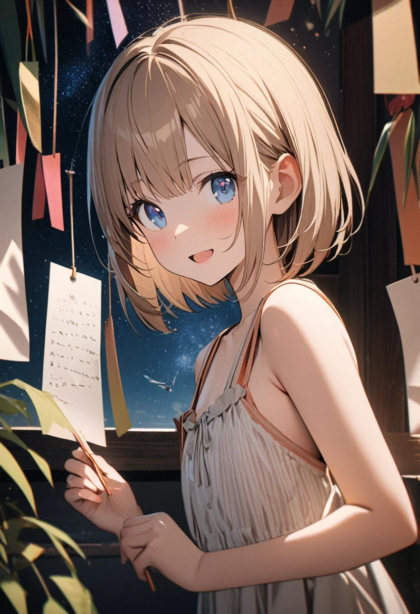 1 girl, 18yo, (flat chest: 1.5), blue eyes, light brown hair, bob cut, summer outfit, smile, open mouth, writing a wish on a strip of paper, upper body, tanabata, many strips of paper are hanging from the bamboo, starry sky, 8k, RAW photo, best quality, masterpiece, extremely detailed 8k wallpaper, ultra-detailed, best shadow, detailed background, beautiful detailed face, beautiful detailed eyes, nice hands, perfect hands