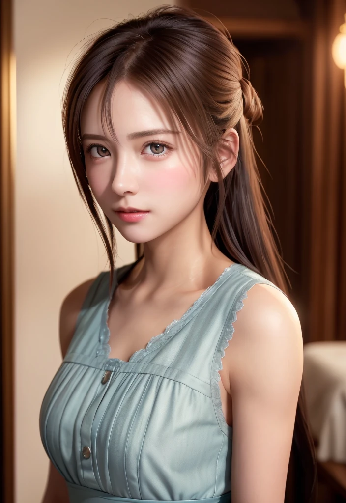 8K, of the highest quality, masutepiece:1.2), (Realistic, Photorealsitic:1.37), of the highest quality, masutepiece, Beautiful young woman, Pensive expression,、A charming、and an inviting look, Cute Maid Clothes, Hair tied back, Cinematic background, Light skin tone