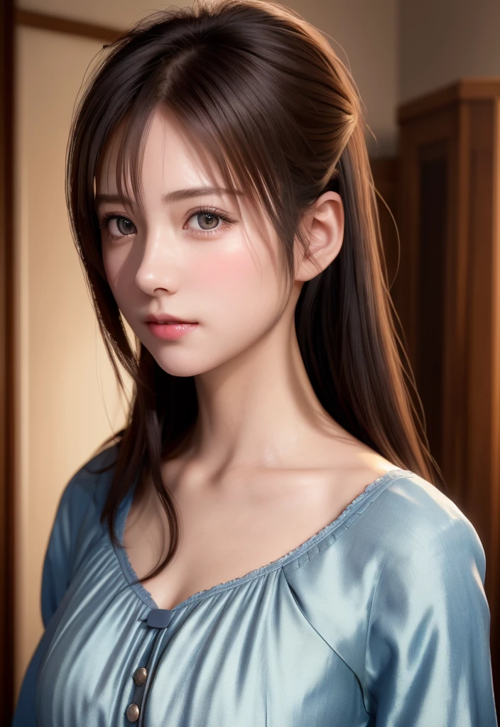 8K, of the highest quality, masutepiece:1.2), (Realistic, Photorealsitic:1.37), of the highest quality, masutepiece, Beautiful young woman, Pensive expression,、A charming、and an inviting look, Cute Maid Clothes, Hair tied back, Cinematic background, Light skin tone
