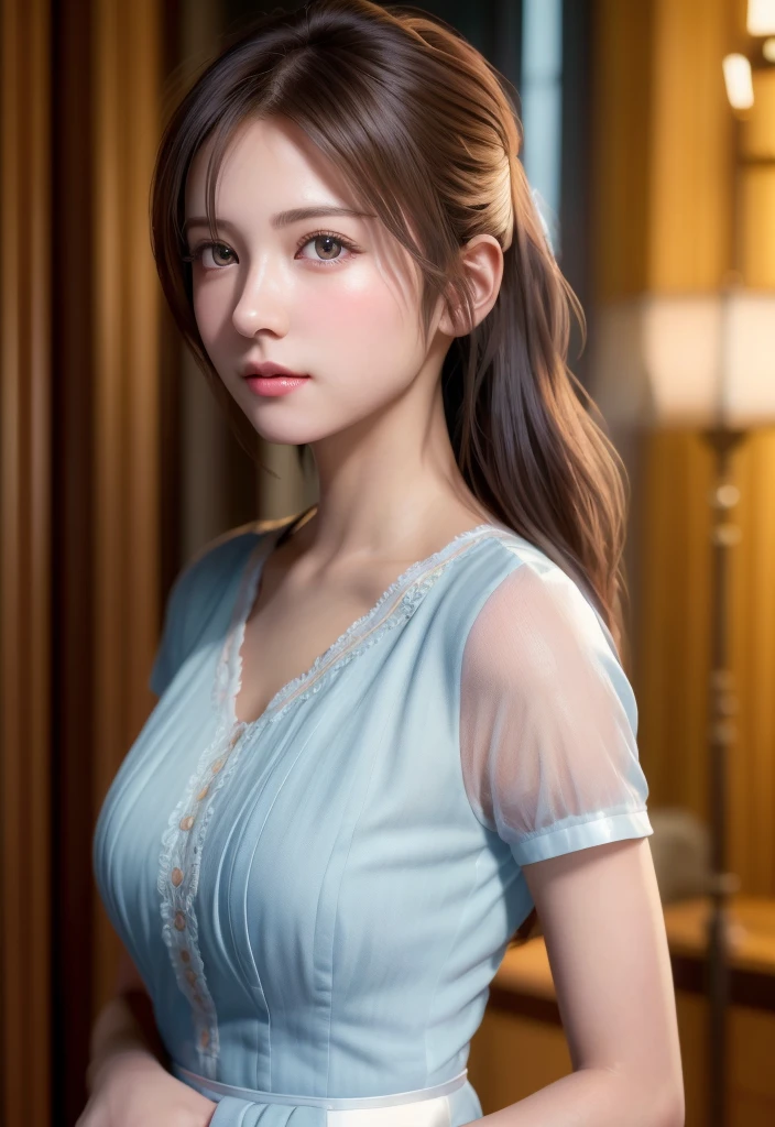 8K, of the highest quality, masutepiece:1.2), (Realistic, Photorealsitic:1.37), of the highest quality, masutepiece, Beautiful young woman, Pensive expression,、A charming、and an inviting look, Cute Maid Clothes, Hair tied back, Cinematic background, Light skin tone