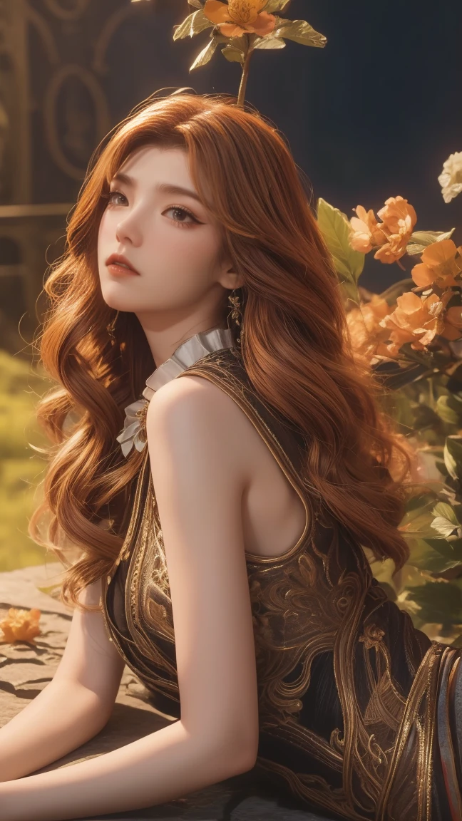 1girl, girl with long orange hair, smiling, cheerful, the girl wearing white long dress, girl is lie down among a wide expanse of flowers,girl posing gracefully , surrounded by beautiful flowers, Calm and peaceful atmosphere, night, moonlight , Beautiful glowing butterflies surround the girl lighting up the darkness of the night, magic,Romantic, the night breeze blows the Sepoi Sepoi girl's hair, 