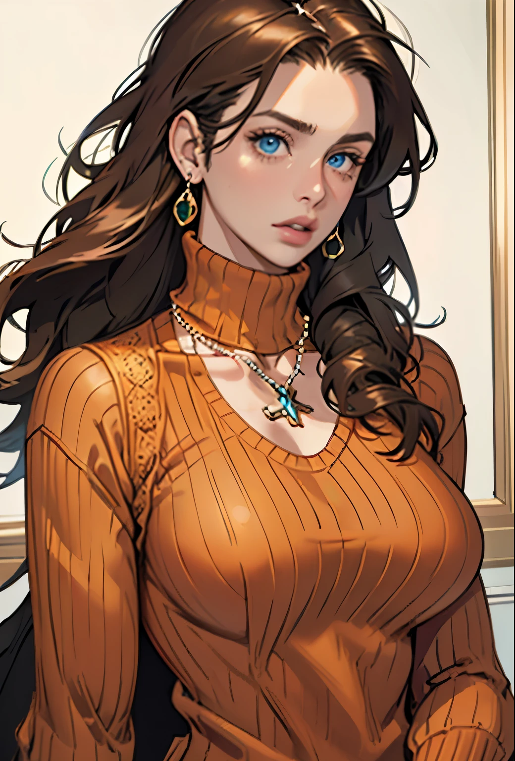 (masterpiece, Highest quality) One girl, Ashley Graham RE, alone, chest, View your viewers, Long Hair, blue eyes, shirt, Bare shoulders, jewelry, medium chest, Green Eyes, Upper Body,Brown Hair, parted lips, No sleeve, necklace, sweater, lips, turtleneck, ribbed sweater, Realistic, nose, No sleeve turtleneck, orange shirt, orange sweater,Remove your glasses,