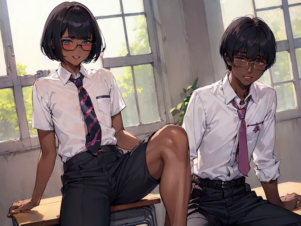 (1 feminine boy solo:1.7),(dark skin:1.5),(masterpiece:1.2), highest quality, High resolution, unity 8k wallpaper, (fine and beautiful eyes:1.6), highly detailed face, perfect lighting, Detailed CG, (perfect hands, perfect anatomy),20 years old, (black hair:1.3), detailed eyes, best quality, extremely detailed, very precise detailed, (glasses:1.4), (blunt bangs:1.5), (open mouth:1.2), (short hair:1.5), (evil smile:1.4), , (half closed eyes:1.3) ,long sidelocks, (blush:1.3),(sit on desk:1.3),(Put left knee in front:1.5),(school uniform pant:1.5),(loosen necktie:1.2),spread legs,knee up,loose shirt
