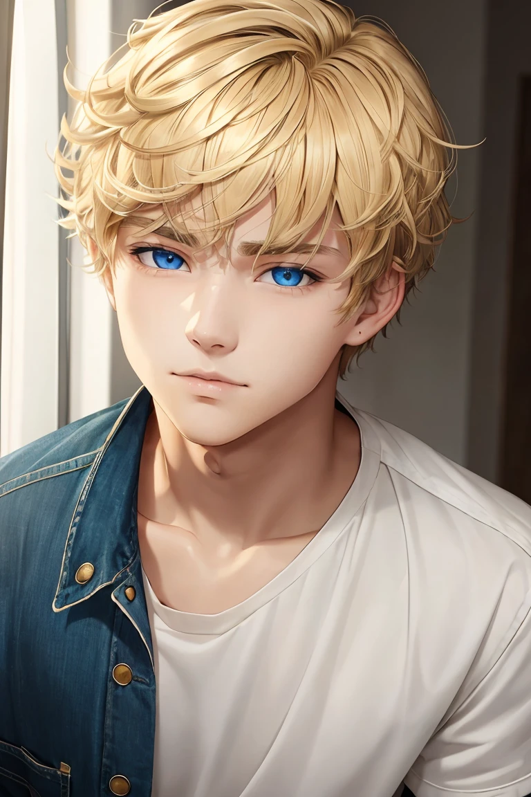 A man, , blonde hair, short hair, wavy hair, amber eyes, high quality