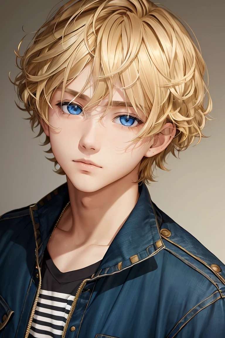 A man, 16 years old, blonde hair, short hair, wavy hair, amber eyes, high quality
