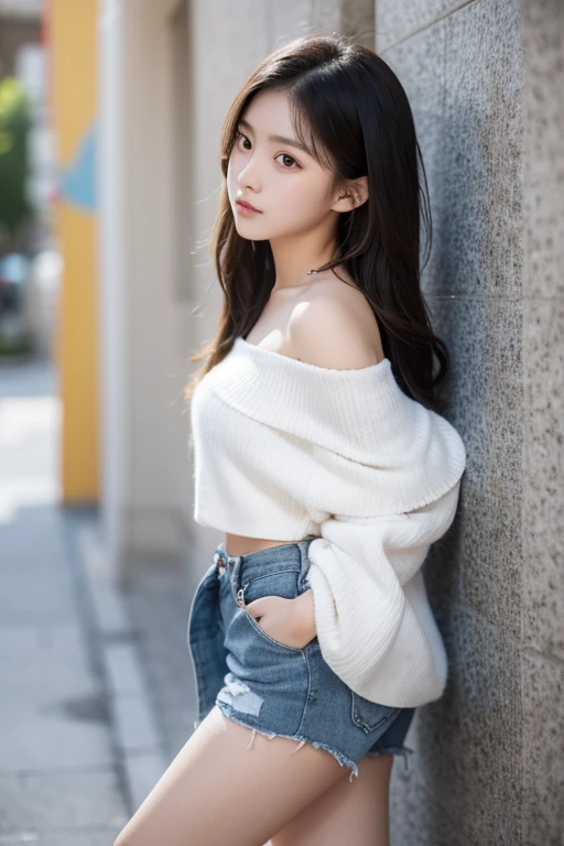 Wearing off-shoulder tops，Big  primary school student Long Jinzhao in shorts
