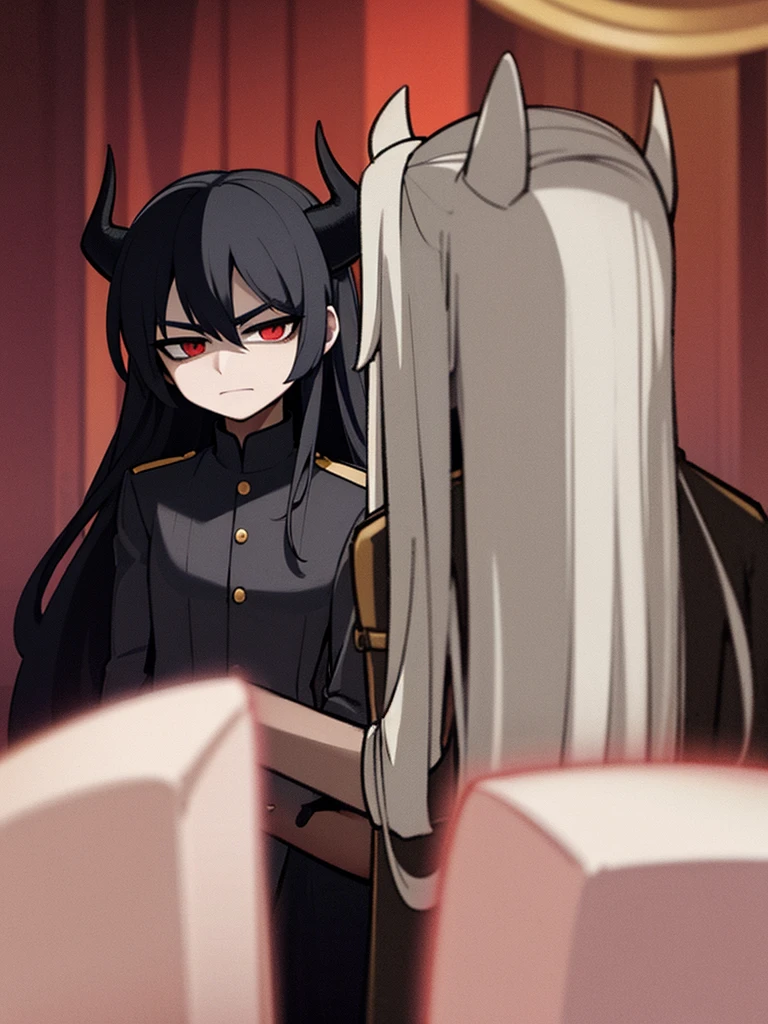 alone, good looking, 1 male, Long hair, Black hair, Red eyes, Black shirt, White Thailand, Black Trench Coat, Black horns, Demon Crown