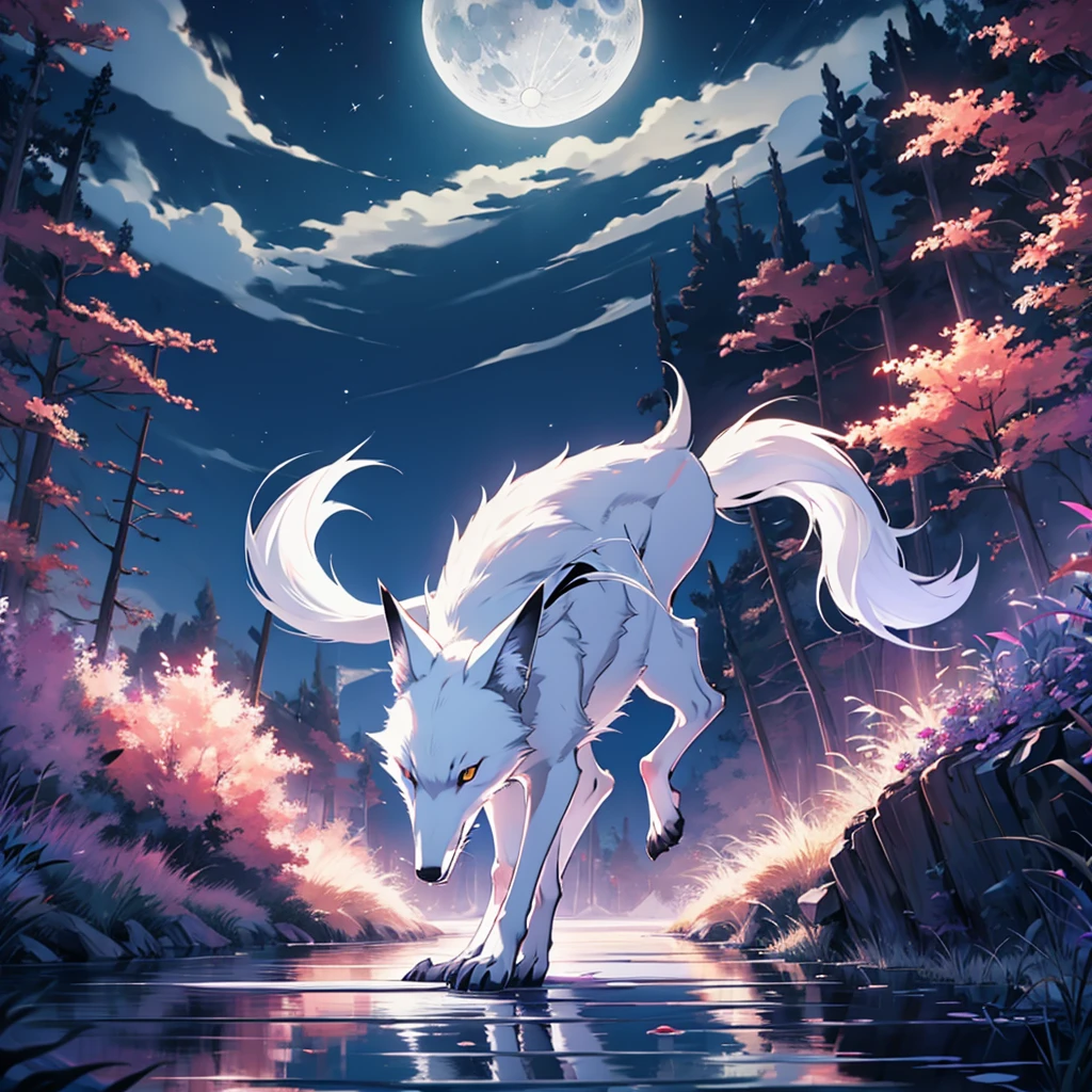 Moonlit night, A white fox with nine tails runs