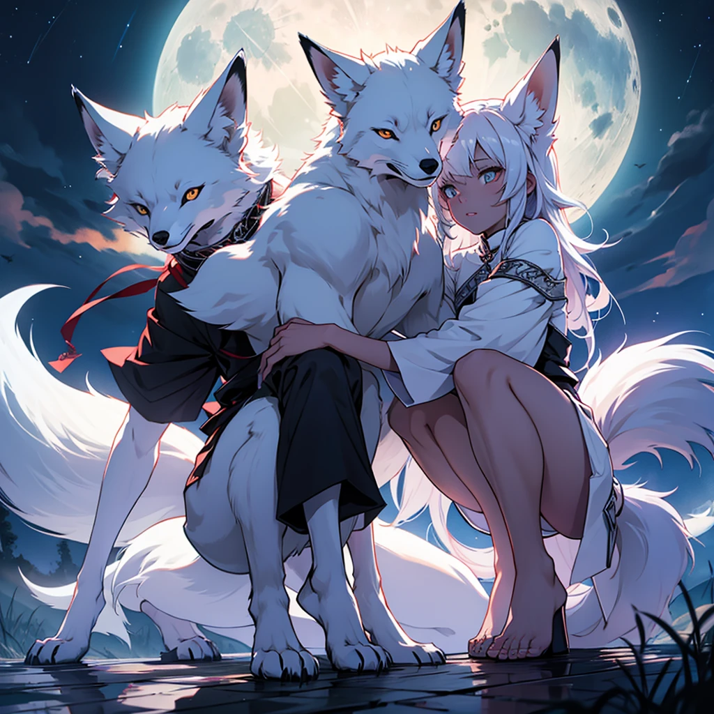 Moonlit night, A white fox with nine tails runs, Active fox behavior, angry fox