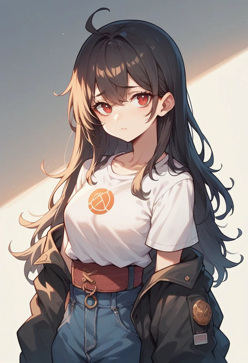 AI character with long hair without bangs and with the BBB logo ON THE BLOUSE
