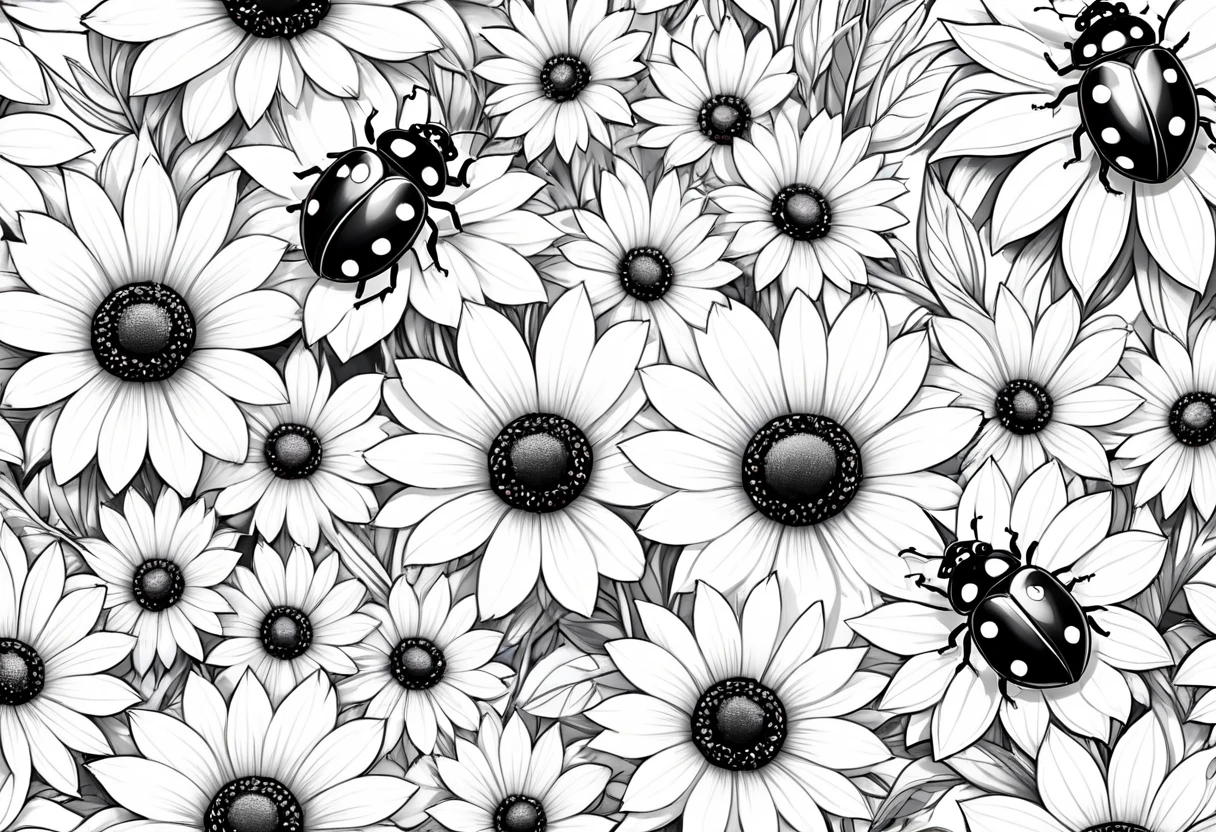 beautiful flower design with ladybugs, On white background, monochrome, black andwhite, no shadows, white background