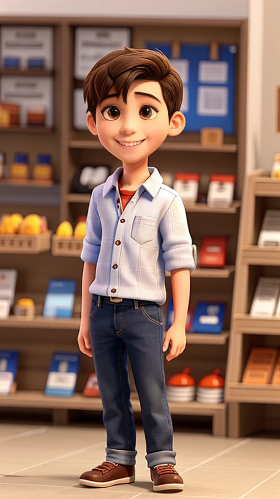 Close-up ,A 15Years boy, wearing clothes, smiling good figure,he is standing outside for shop