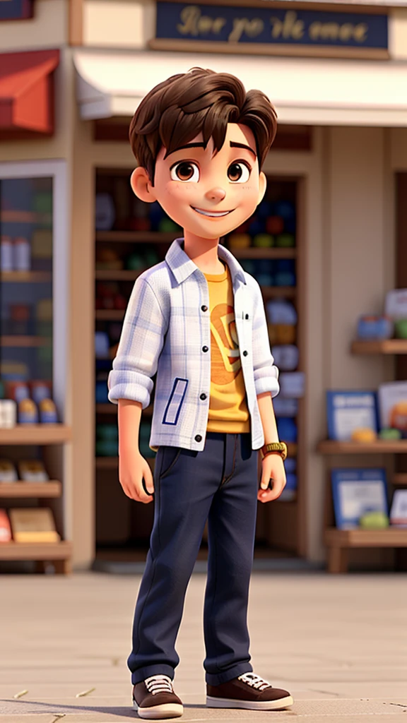 Close-up ,A 15Years boy, wearing clothes, smiling good figure,he is standing outside for shop