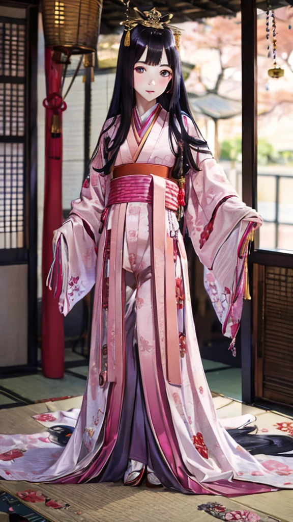 　A beautiful 15-year-old Japanese princess from the Sengoku period with long black hair　Gorgeous embroidery, Ultra glossy, She is wearing a shiny Edo-period princess kimono.　She's having sex　During the intense sex act, she ends up having a penis inserted into her pussy