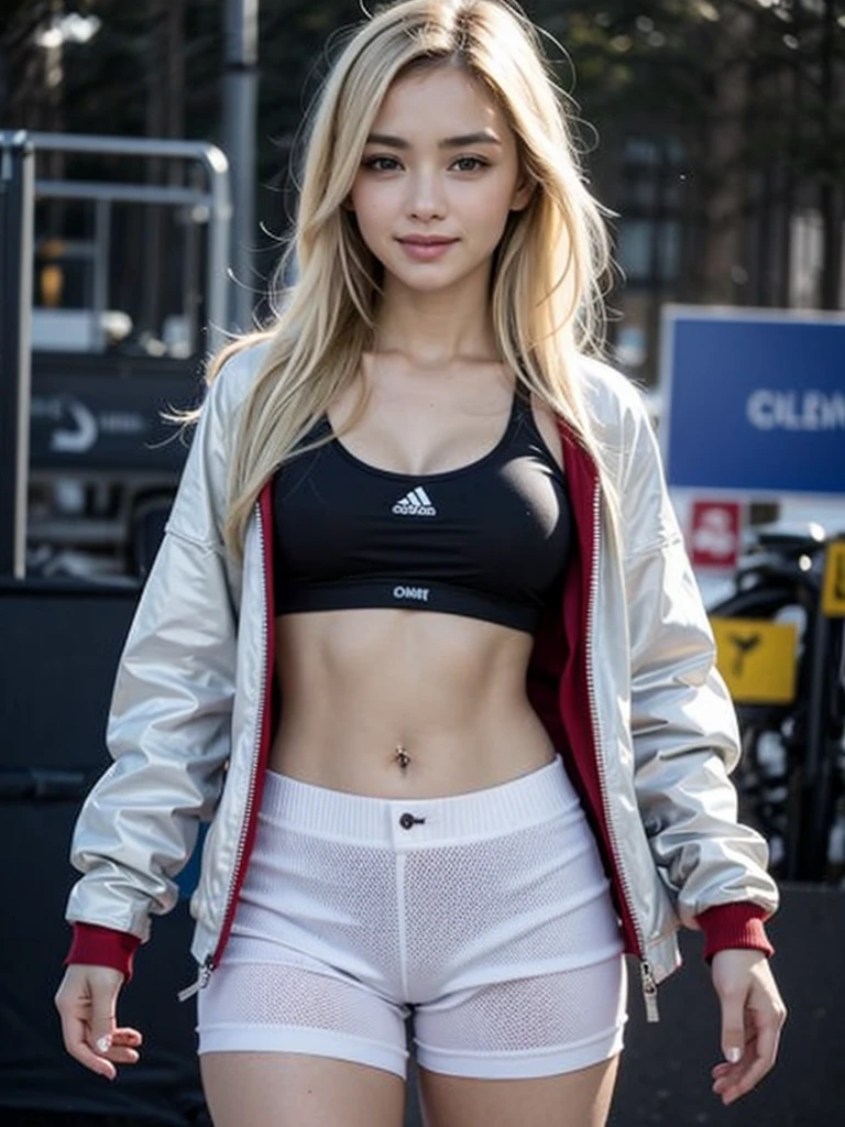 solo、((smile))、((Open Stance)),White shorts、Light pink sports bra、Jacket、Pedestrian precinct、Highest quality、masterpiece、Ultra-high resolution、(Photorealistic:1.4)、(((Staring at the audience)))、Ultra detailed face、Detailed Eye、double eyelid、(Sexy young woman&#39;s body:1.4),Beautiful kneey thighs are clean、